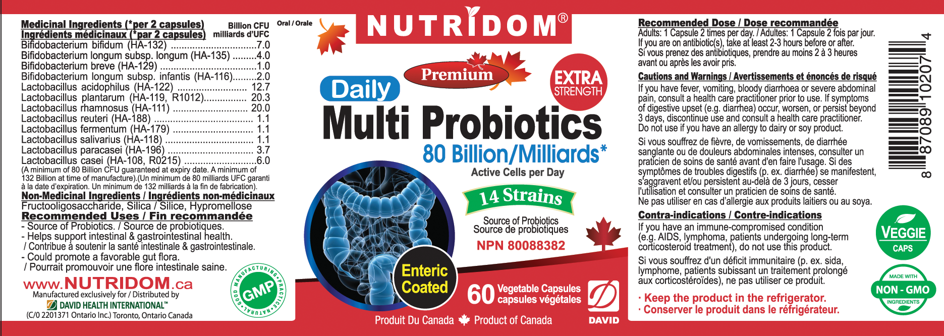 Nutridom Multi Probiotics, 80 Billion, 14 Strains, 60 Veggie Capsules