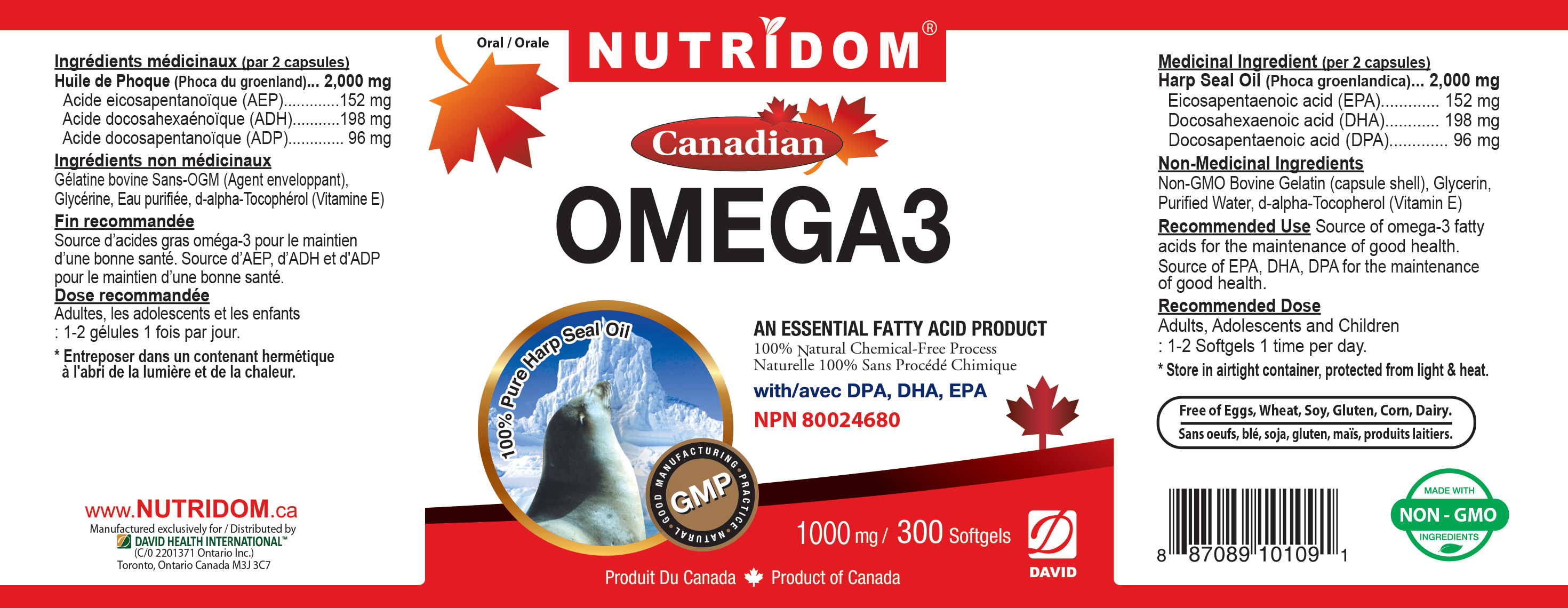 Nutridom Canadian Harp Seal Oil Omega-3, 1000mg, DHA, EPA, DPA, 300 Softgels