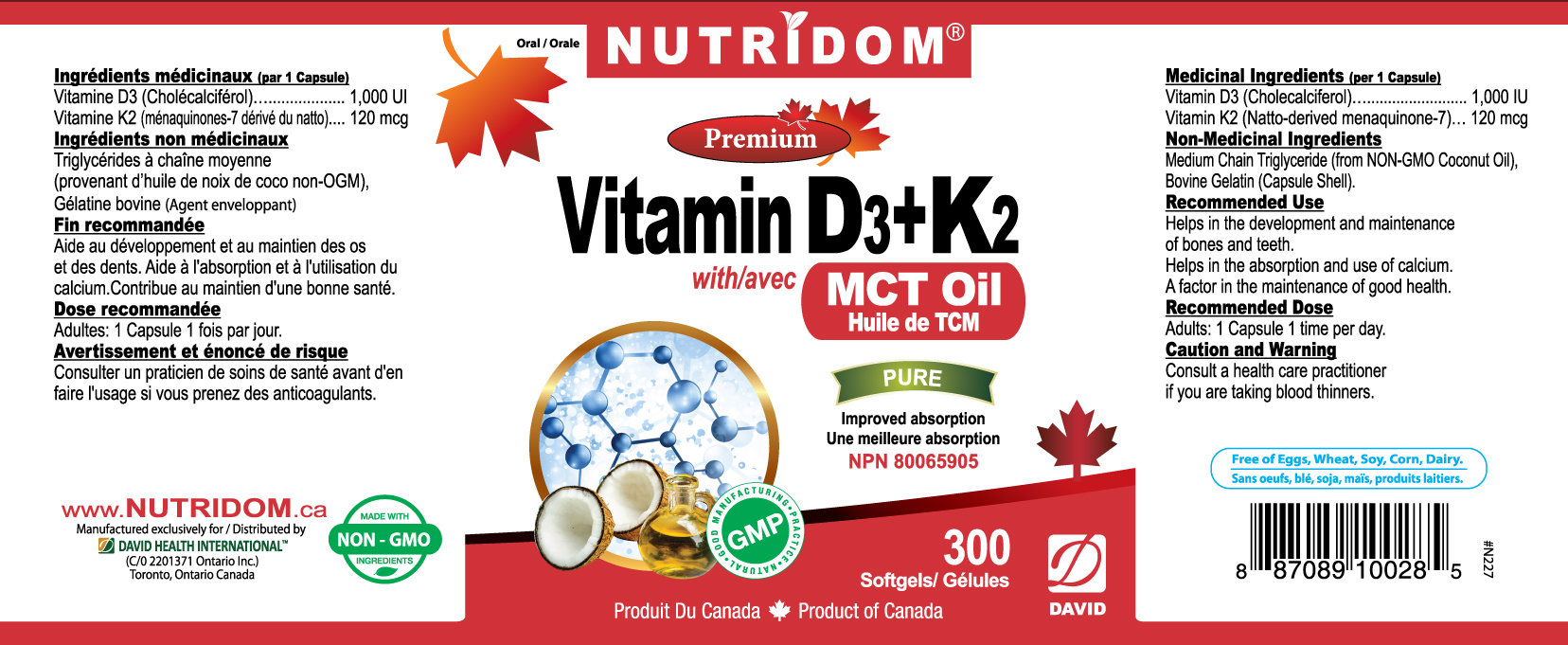 Nutridom Vitamin D3 + K2 with MCT Oil, 300 Softgels