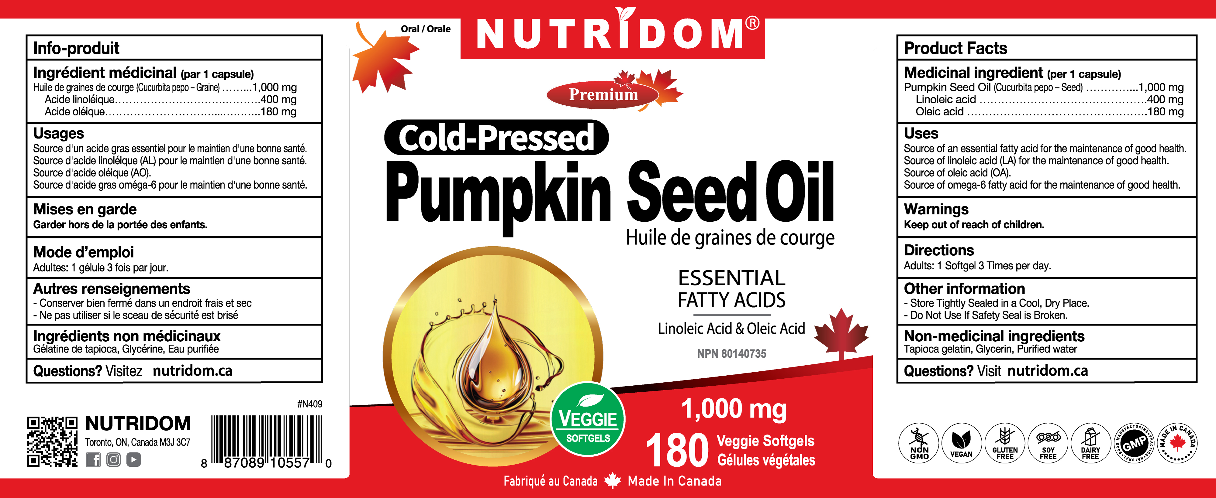 Nutridom Pumpkin Seed Oil, 1000mg, 180 Veggie Softgels (Cold-Pressed)